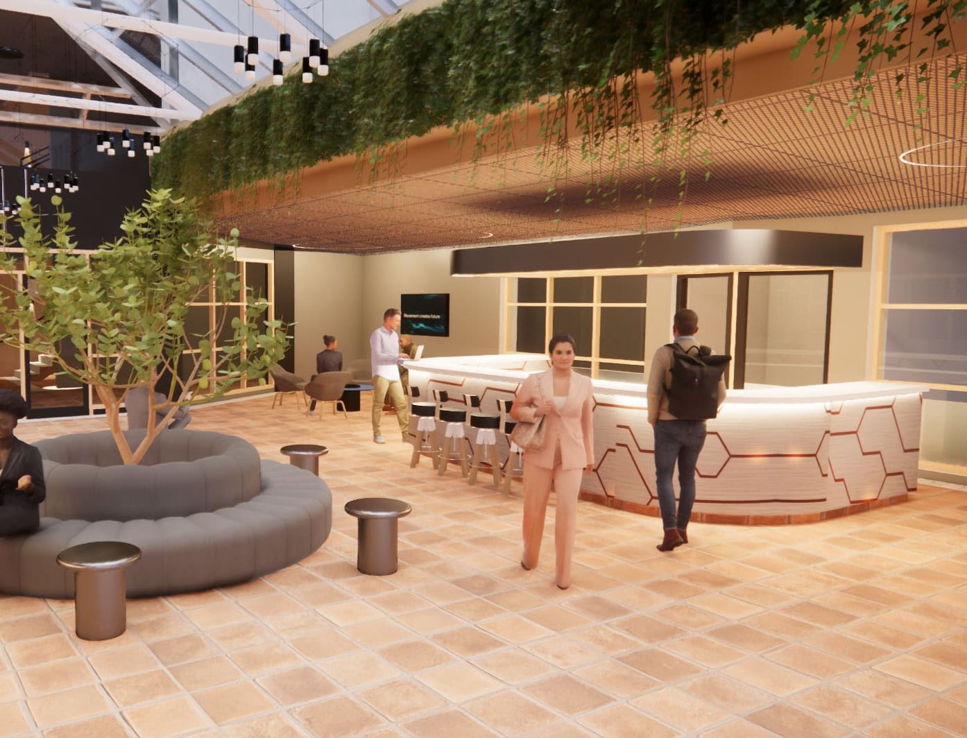 Vision image for entrance hall with people sitting, standing, working and walking.